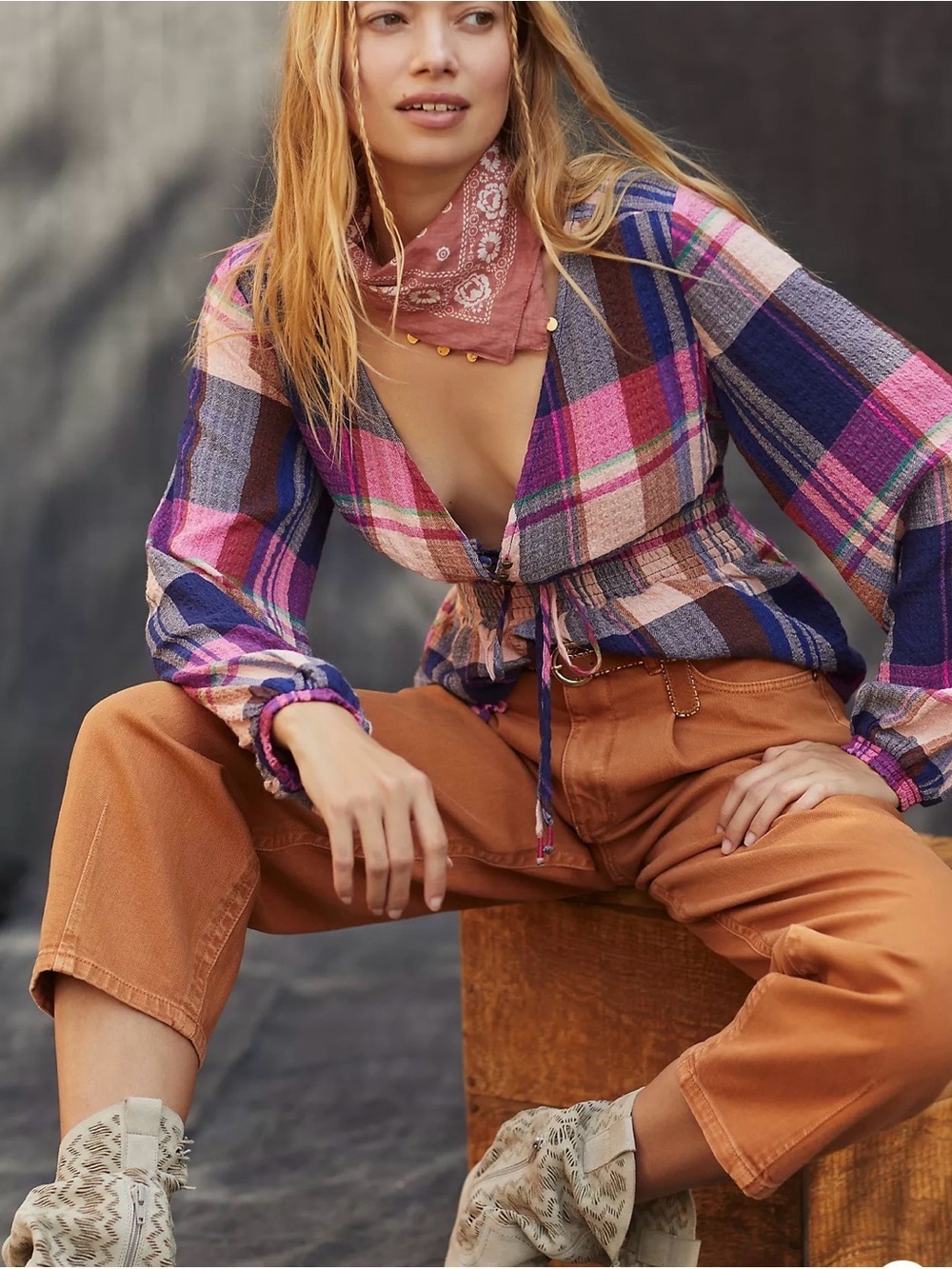 NWT ANTHROPOLOGY PILCRO S Deep V plaid babydoll long sleeve blouse Shabby Chic